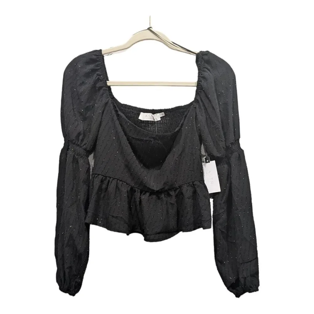 New ASTR The Label Chiffon Shimmer Square Neck Puff Marie Sleeve Crop Top, S